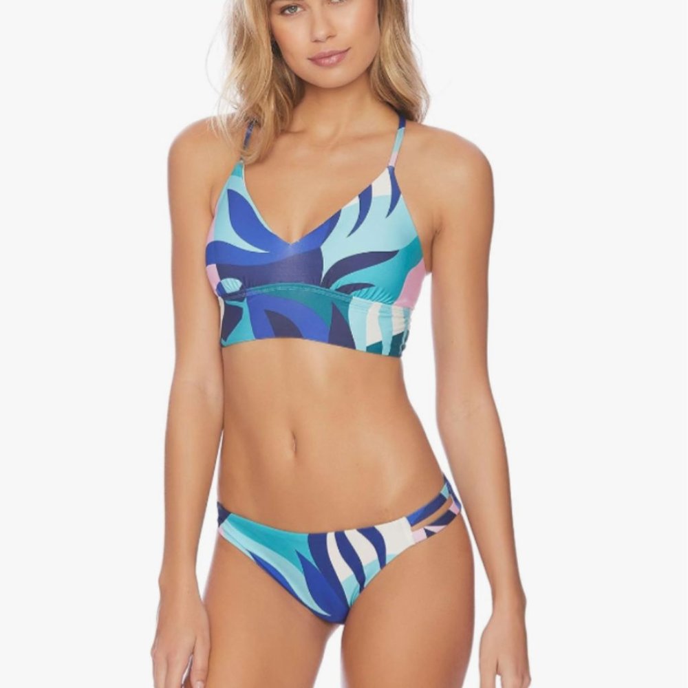 NWOT Splendid Lovina X-Back‎ Crop Bikini Top blue teal pink, S